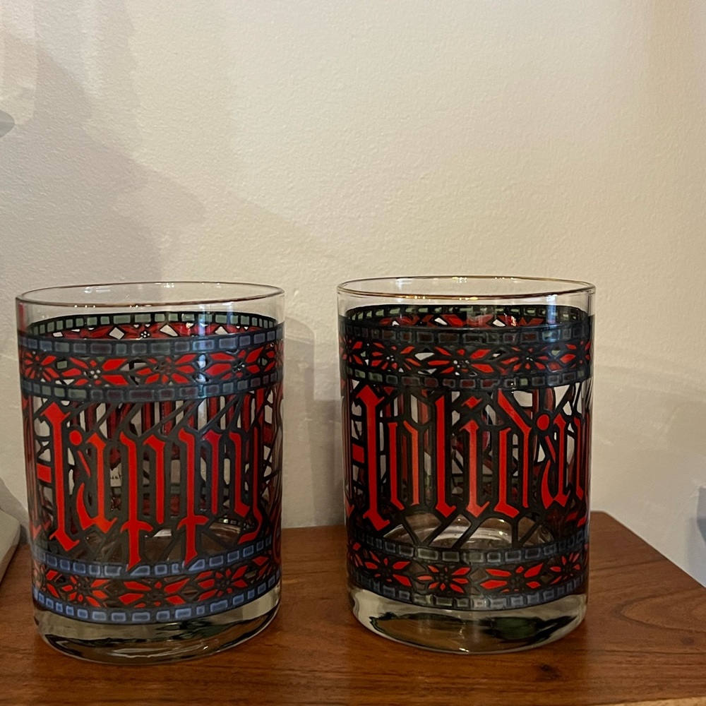 Set of 2 Vintage Houze Happy Holidays Stained Glass Highball Glasses